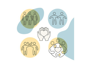 Diverse group of friends standing together in unity, A minimalist line art illustration of four people, possibly representing a diverse group of friends, standing close together.