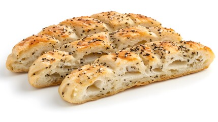 Three slices of crusty, herb-seasoned bread, golden-brown and airy, are presented against a stark white backdrop.  The bread's texture is clearly visible, showcasing its delicious interior.