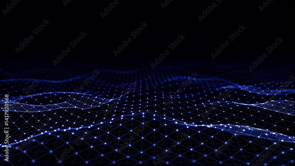 Poster Abstract digital background with cybernetic particles. Plexus geometric effect Big data with compounds. Musical wave of particles. Low poly mesh. Flow. Wave. 3D rendering. Technology network