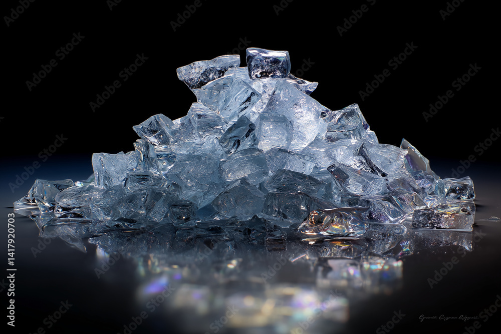 Poster Pile of translucent ice cubes, creating a glacial texture, showcasing a cool and refreshing concept, ideal for drinks or winter themes