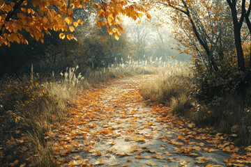Obraz premium A winding path through a forest with vibrant yellow leaves under the soft sunlight, creating a serene autumn setting.