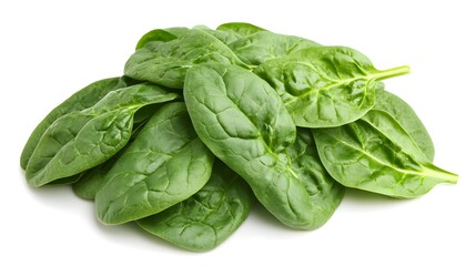 Obraz premium A pile of fresh, vibrant green spinach leaves isolated on a white background. Perfect for healthy eating and culinary applications.