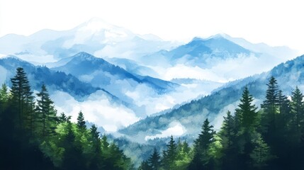 Fototapeta premium Misty Mountain Vista Evergreen trees frame layered blue ridges fading into distant peaks