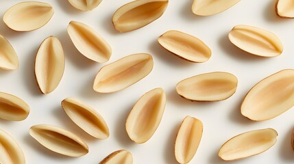 Overhead shot of multiple halved baby potatoes arranged on a white background. The potatoes are pale yellow and are presented in a visually appealing pattern.