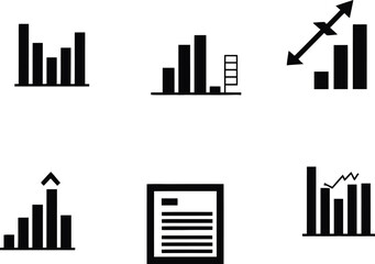 Set of Six Unique Vector Chart and Data Analysis Icons Representing Business Reports, Trends, and Growth Metrics