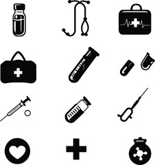Set of Nine Unique Vector Medical Icons Representing Healthcare Equipment, Diagnosis Tools, and Essential Supplies