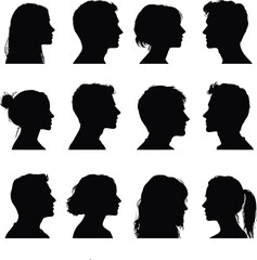 Set of Twelve Unique Vector Human Profile Silhouettes Featuring Diverse Hairstyles and Head Shapes for Identification and Representation