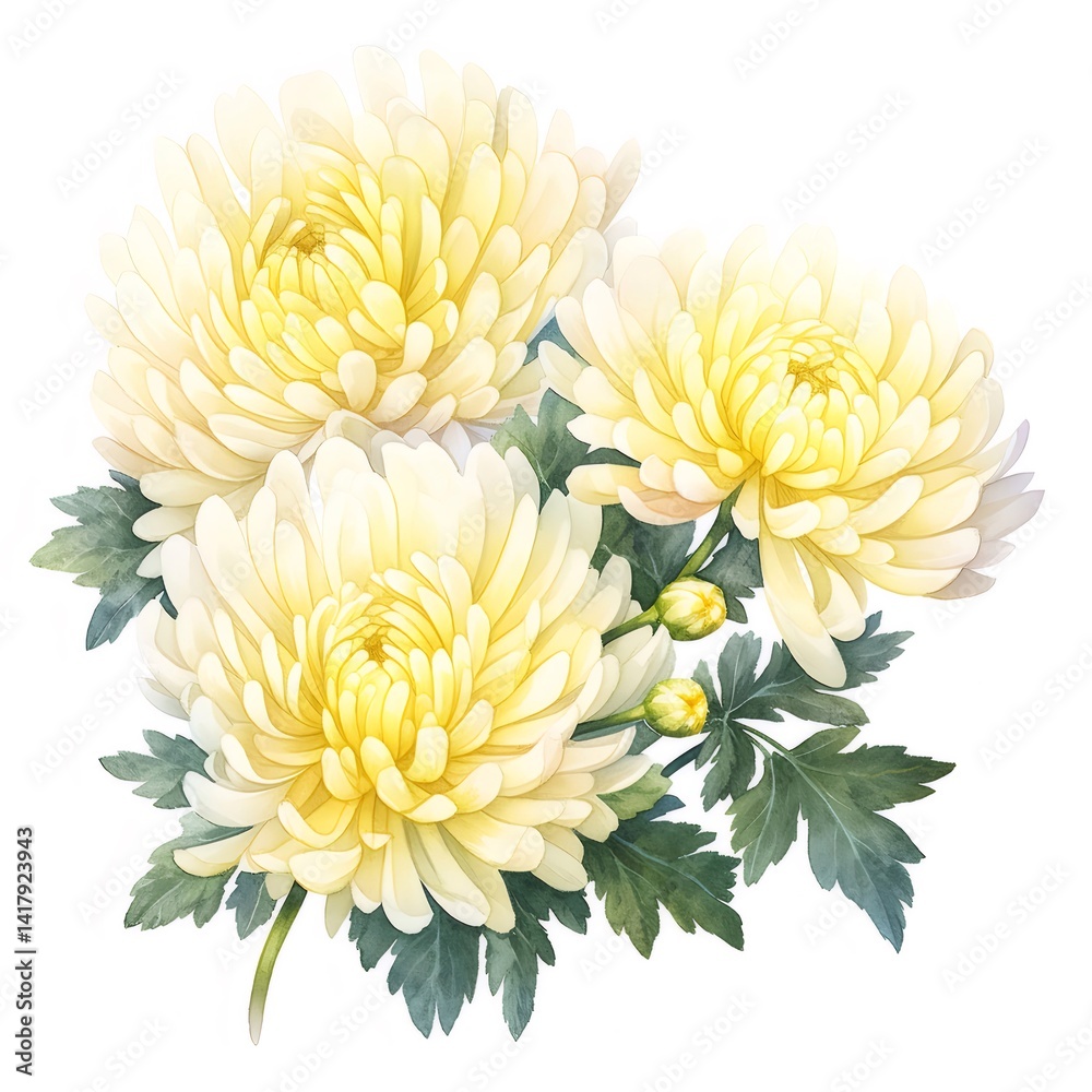 Aufkleber 白い背景に分離された水彩画の菊の花のクローズアップビュー 美しい黄色と白の花の葉のアートデザイン