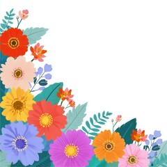 Colorful floral corner design with vibrant flowers in red, yellow, blue, purple, orange and green leaves on a white background, perfect for decorative, wallpaper or design use.