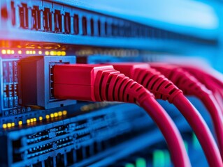 Close-Up of Network Cables Plugged Into Server Rack Interface
