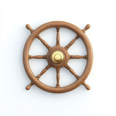 Vintage ship steering wheel with brass accents, polished wood grain, smooth edges, classic nautical aesthetic, isolated on pure white background
