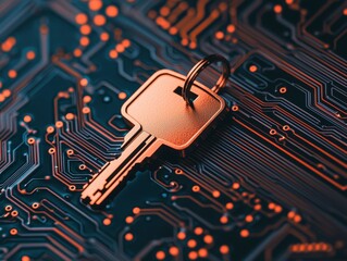 Cyber Key on Circuit Board with Orange Details and Technology Theme