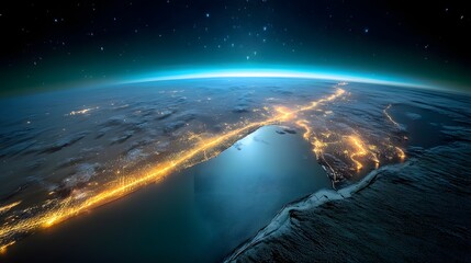 Naklejka premium A bird s eye view of the glowing city lights stretching across the Earth s surface as seen from the vantage point of space