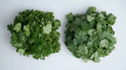 Obraz premium Fresh parsley and cilantro sprigs arranged side-by-side on a white background. A vibrant image showcasing the difference between these two popular herbs.