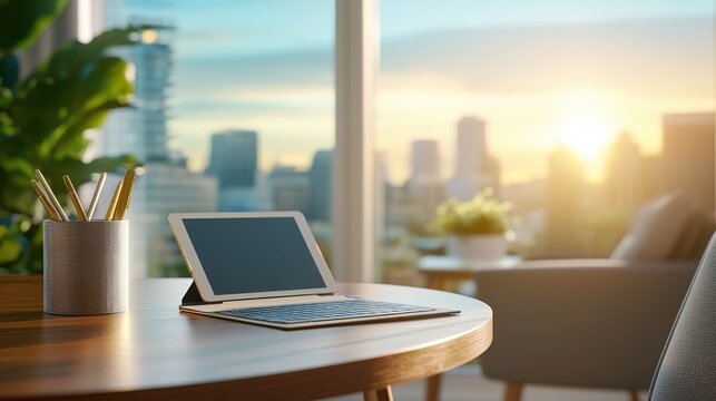 A clean, minimalist office desk setup featuring a wireless keyboard, digital devices, and a well-organized workspace optimized for productivity.