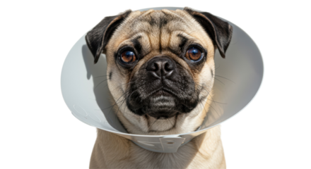 Isolated Portrait of a Pug Dog Wearing a Protective Collar