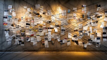 A chaotic and dim lit wall covered in a web of strings newspaper clippings and other evidence suggesting an intricate investigation into unexplained phenomena and conspiracy theories
