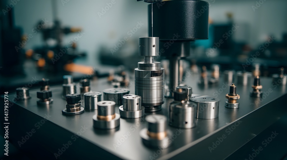 Poster a close up view of various metalworking parts and intricate metal components arranged on a dark surf