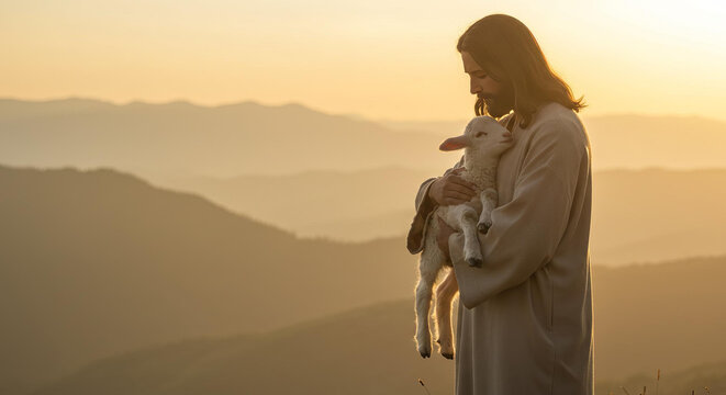 Shepherd Jesus Christ, Taking Care of One Missing Lamb. Warm Toned Soft Picture