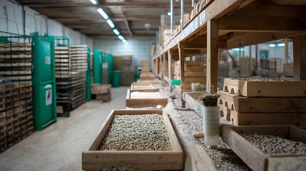 A commercial insect farming facility with trays of larvae being cultivated as a sustainable source of animal feed