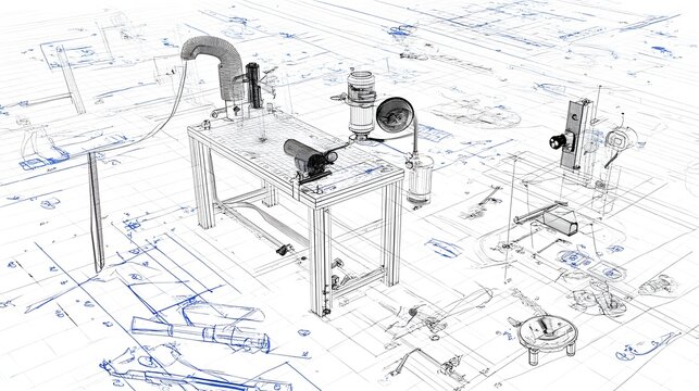 A comprehensive technical blueprint showcasing the layout and equipment of a professional welding workstation including tools protective gear