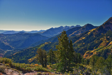 Box Elder Peak hiking views from trail, American Fork Canyon. Lone Peak, Mt Timpanogos, Wasatch Range Rocky Mountains, Utah, United States.