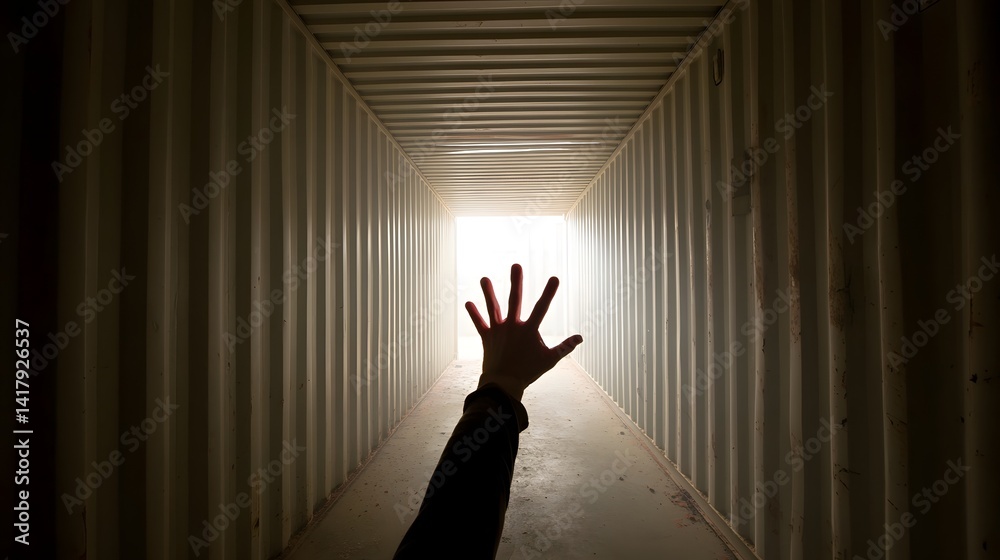 Fototapete A disembodied hand emerges from the shadows creating an ominous and enigmatic scene within the confines of a dimly lit industrial corridor