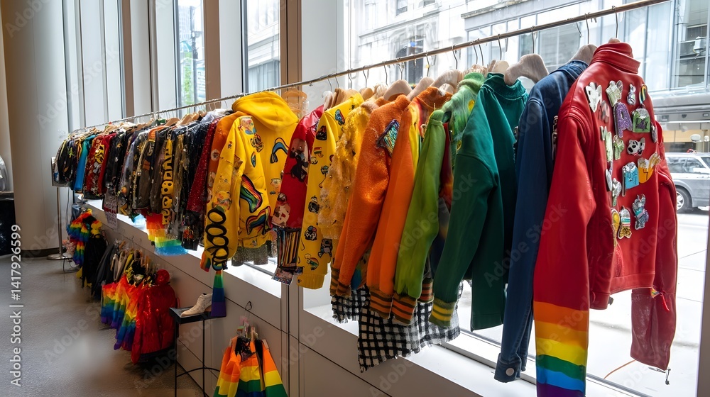 Poster a diverse and colorful array of pride inspired clothing and accessories showcased in an eye catching