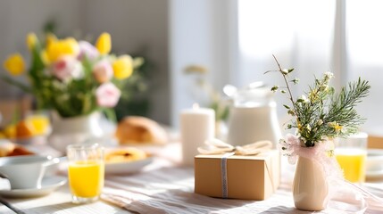 A festive Mother s Day brunch table decorated with a floral centerpiece candles and thoughtful gift boxes creating a warm and intimate setting for a loving family