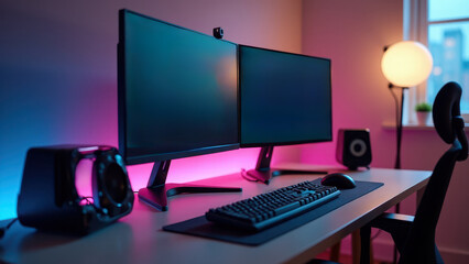 Dual Monitor Productivity Station with Organized Workspace and Modern Tech