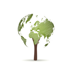 Green globe on the tree. Tree with globe. Environmentally friendly world. Creative drawing ecological concepts. Happy family stories. The concept of ecology, to save the planet. Vector