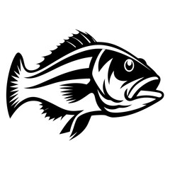 Monochrome image of a stylized fish illustration with detailed fins and gills