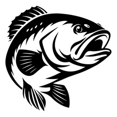 Black and white graphic illustration of a largemouth bass fish