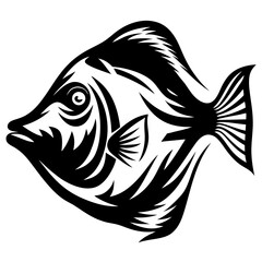 Striking Black and White Fish Illustration with Artistic Tribal Style Elements