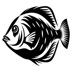 Striking black and white graphic illustration of a tropical fish facing left