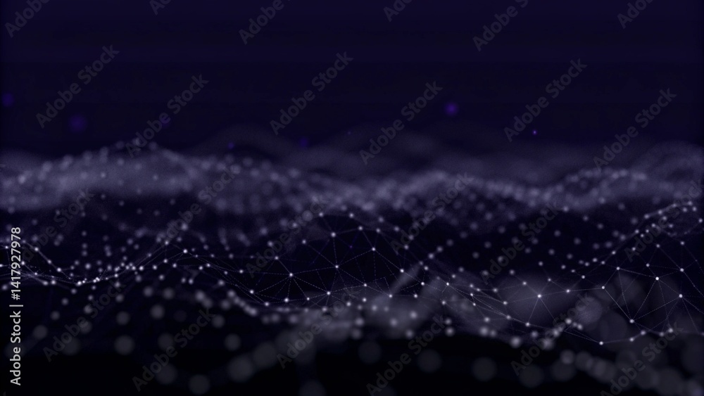 Aufkleber Big data visualization. Abstract background with interweaving of dots. 3D rendering. Futuristic network structure, digital wave analysis, technology flow, complex mesh surface pattern.