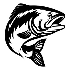 Stylized black and white illustration of a trout fish leaping up