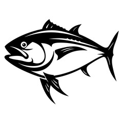 Stylized black and white drawing of a tuna fish swimming in water