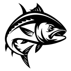 Detailed black and white graphic illustration of a powerful tuna fish jumping