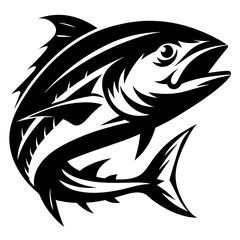 Striking black and white graphic of a leaping tuna fish design