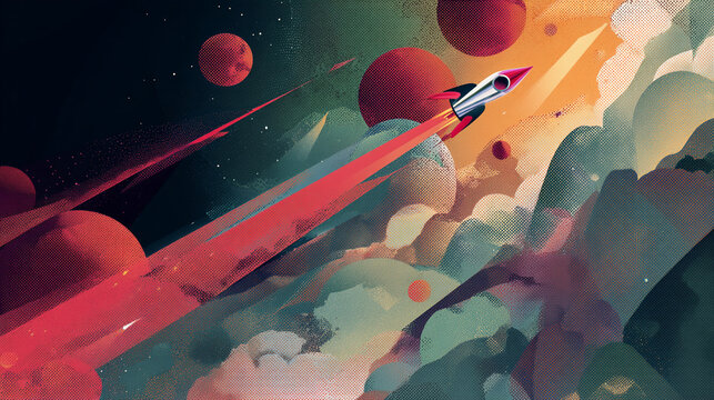 Stylized rocket launching amidst colorful planets and nebula, conveying progress, innovation, and space exploration themes suitable for technology or startup branding