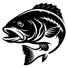 Stylized black and white illustration of a large mouth bass ready to strike