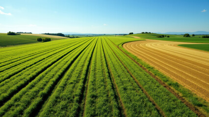 Natural agricultural field with vibrant crops under a blue sky.