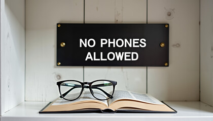 No Phones Allowed sign with glasses and open book on shelf  