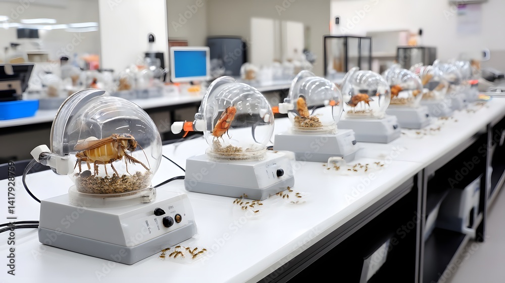 Poster a laboratory setting showcasing the controlled breeding and cultivation of insects