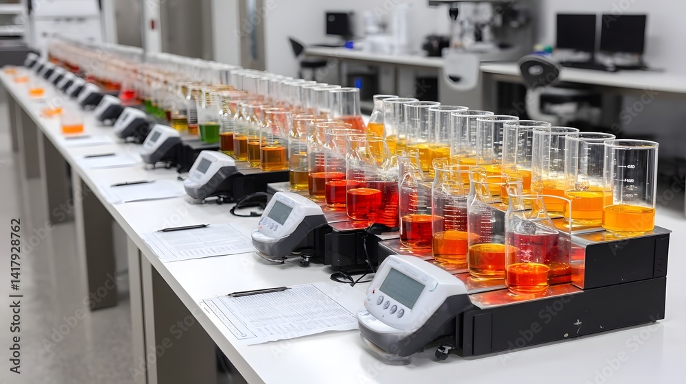 Poster a laboratory environment filled with various scientific equipment and instruments used for the testi