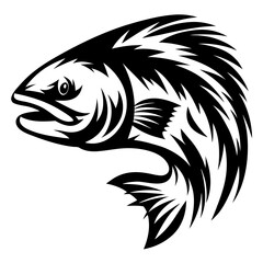 Striking Black and White Vector Illustration of a Leaping Salmon Fish