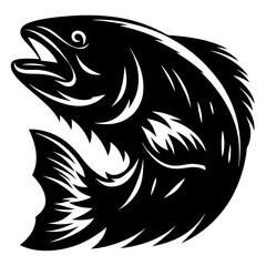 Abstract monochrome illustration of a leaping fish in a stylized design