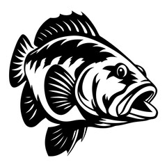 Detailed black and white illustration of a Largemouth Bass with open mouth