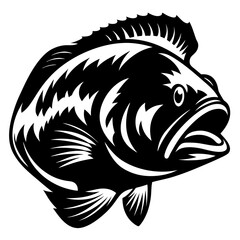 Stylized black and white illustration of a largemouth bass fish side view